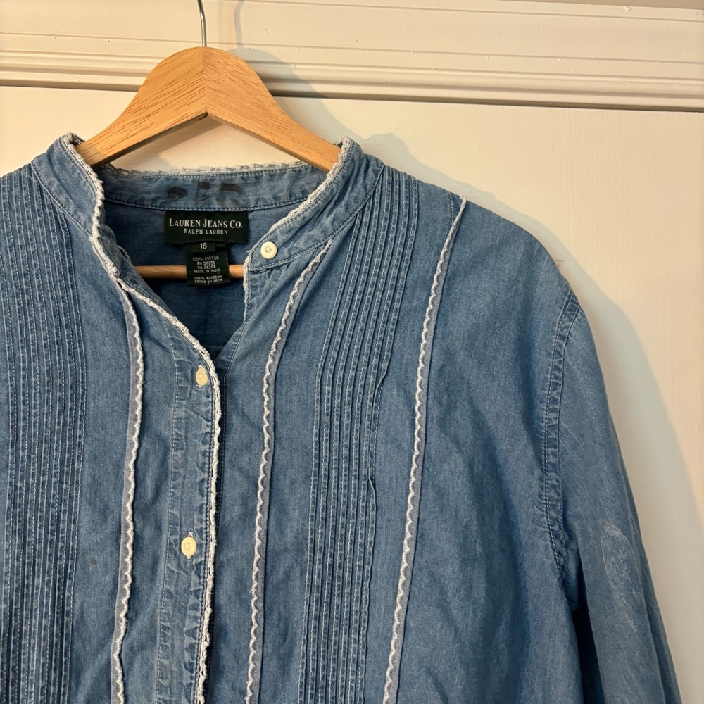Ralph Lauren Lauren Jeans Co Vintage Chambray Blue Denim Ruffle Cottage Top 16 S - Picture 3 of 10